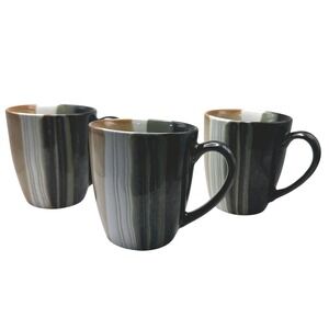 HomeTrends Jazz Coffee Mugs Set of 3 Brown Tan Green Striped Stoneware Excellent